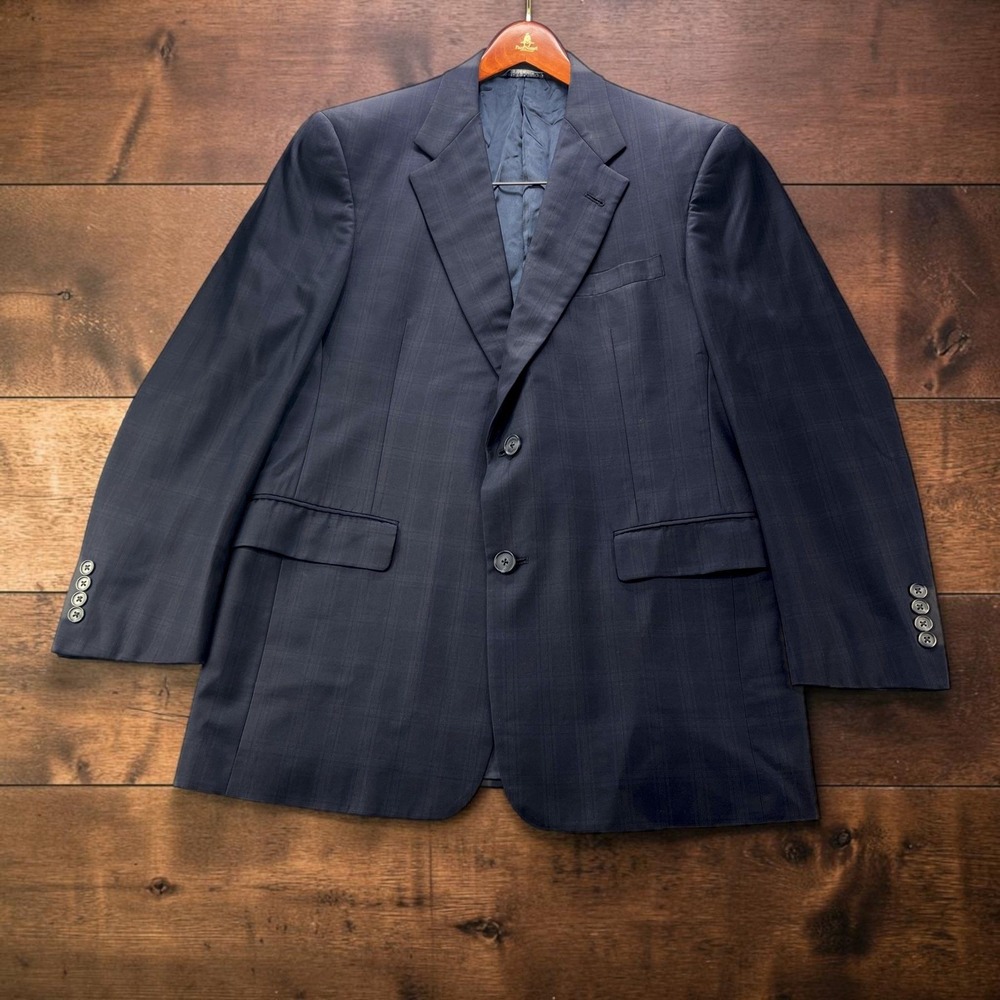 Vintage 90s Burberrys Mens Navy Tonal Plaid Super 100s Wool Sport Coat 40R USA